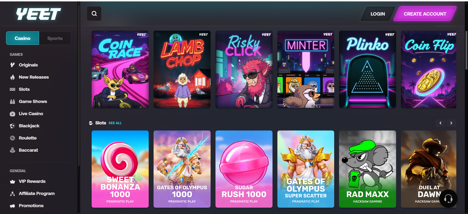 screenshot of yeet casino home page