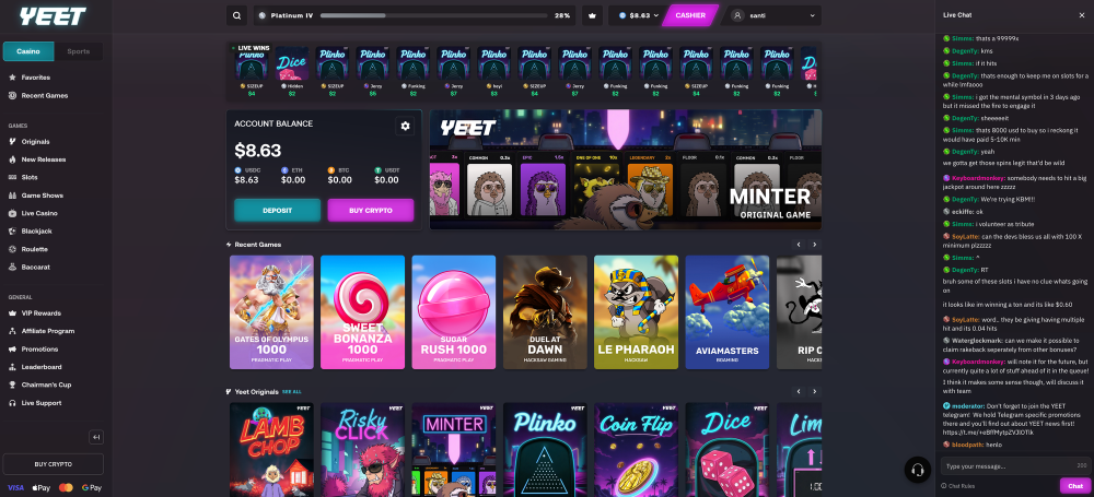 Yeet Online Crypto Casino Homepage screenshot with a live chat