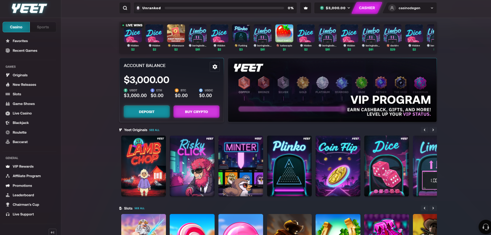 Yeet Online Crypto Casino Homepage Screenshot