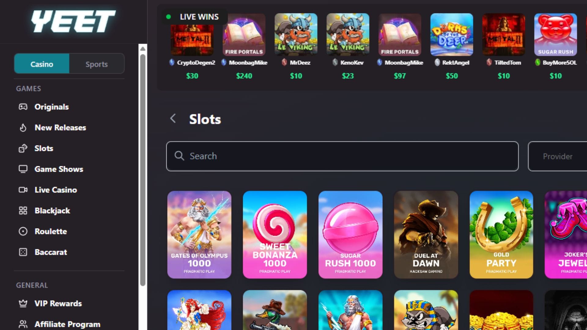 Yeet Casino homepage screenshot