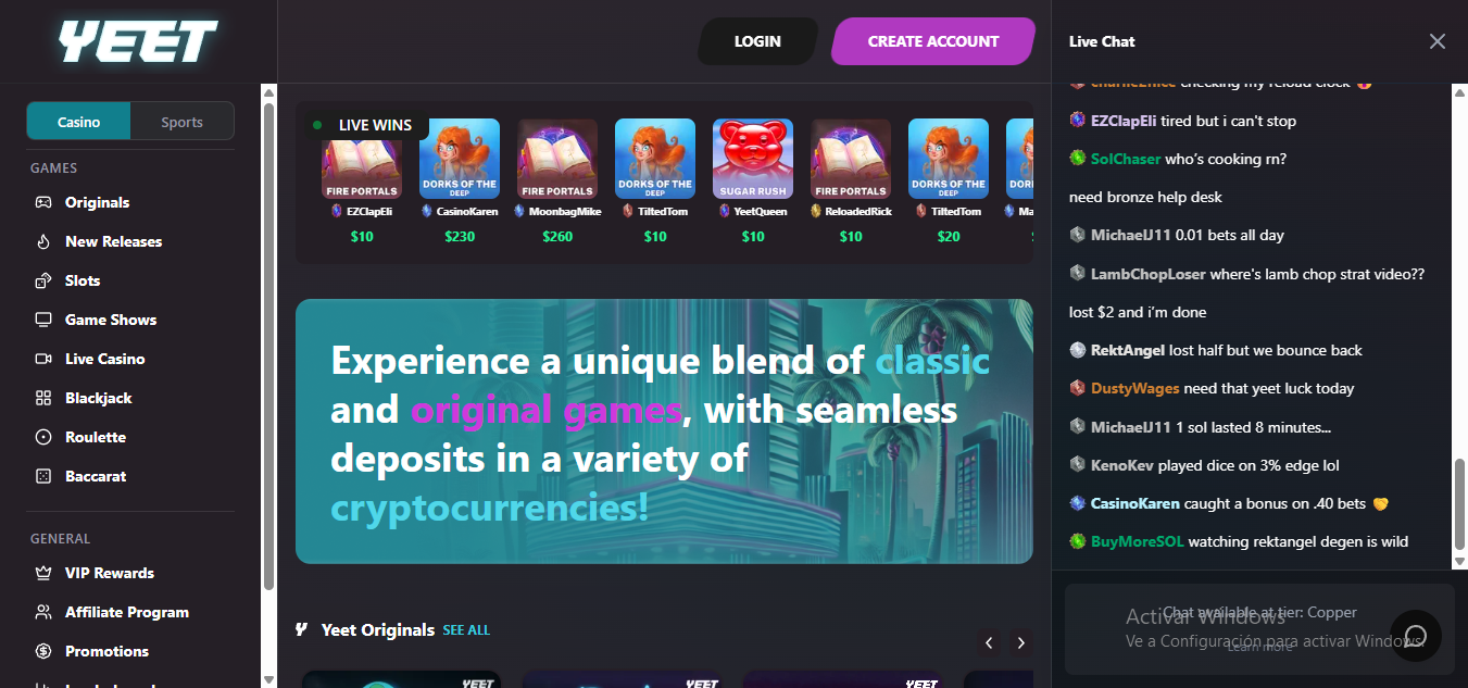 screenshot of yeet casino home page