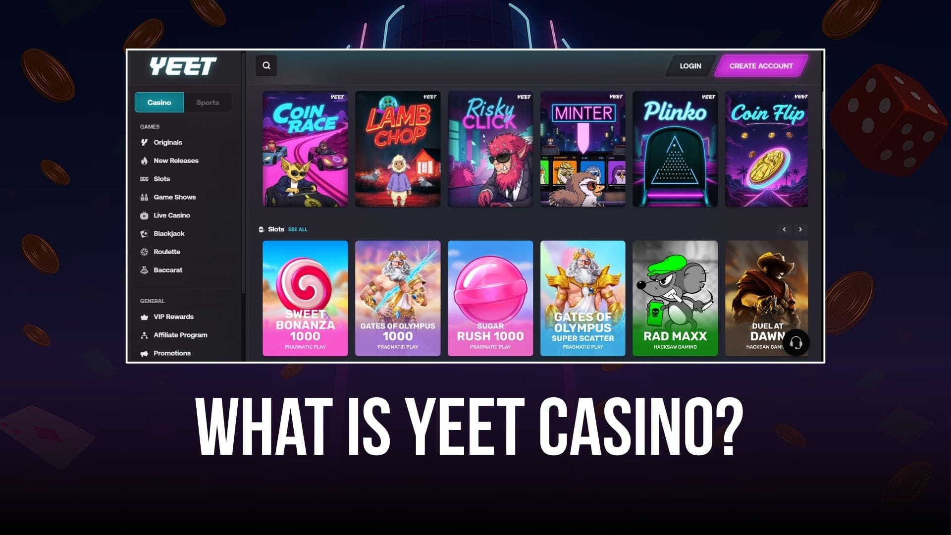 a graphic for the article "What is Yeet Casino?" that includes a screenshot of Yeet homepage